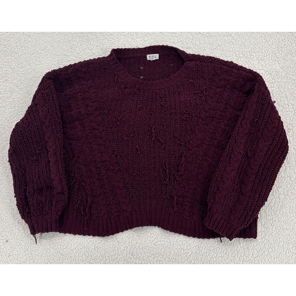 POL Knit Sweater Pullover Women Size Medium Burgundy Textured Bohemian Cropped